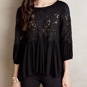Anthropologie Deletta Desi Blouse Crochet Lace 3/4‎ Sleeves Women Small Black